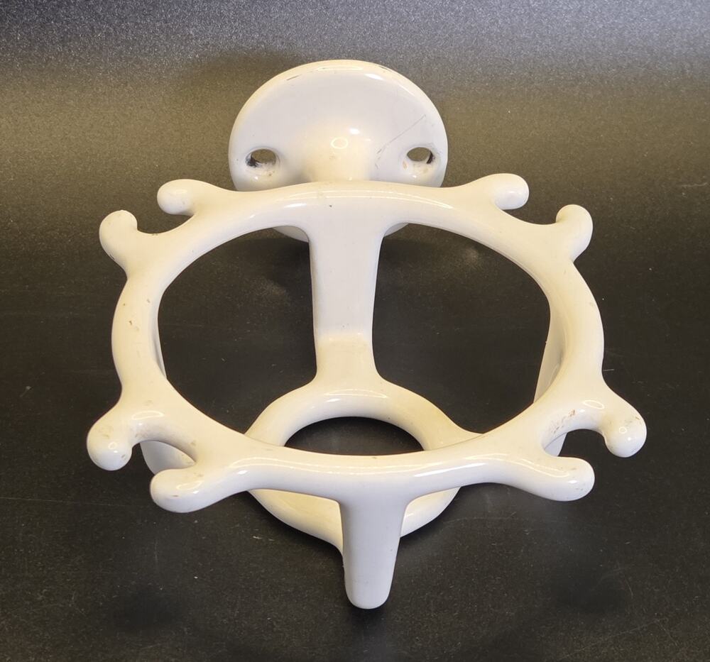 Vintage white enamel cast iron toothbrush soap cup holder wall mount antique